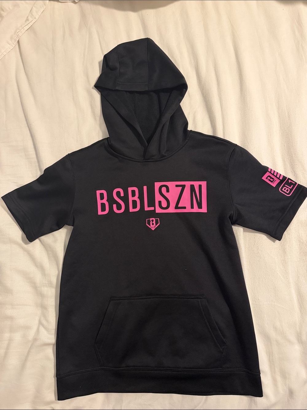 BSBL SZN Kids' Black Short-Sleeve Hoodie with Pink Logo